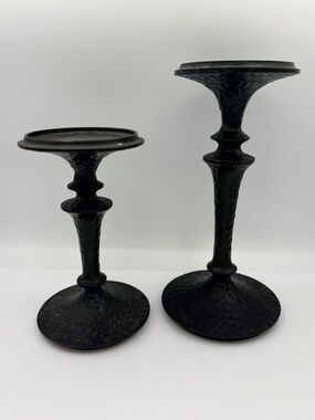 Pottery Barn Black Hammered Metal Pedestal Candle Holders, Set of 2
